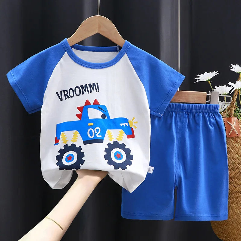 Kids Clothes 2 Piece Set - Cartoon Casual Kids featuring Donald Duck print, yellow t-shirt and blue shorts, ideal for playful comfort and style.
