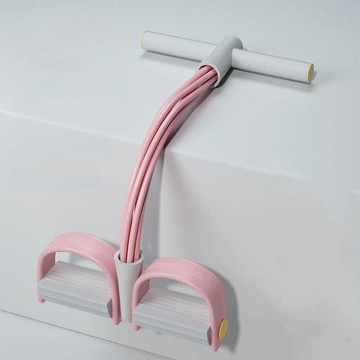 Resistance Bands Set - 6-Tube Bands in pink and gray with foot pedals and T-bar handle. Ideal for versatile strength training and home workouts.