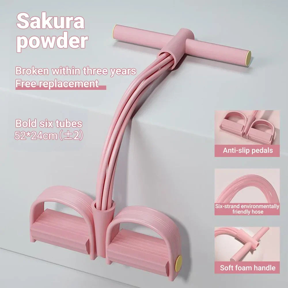 Resistance Bands Set - 6-Tube Bands in pink and gray with foot pedals and T-bar handle. Ideal for versatile strength training and home workouts.