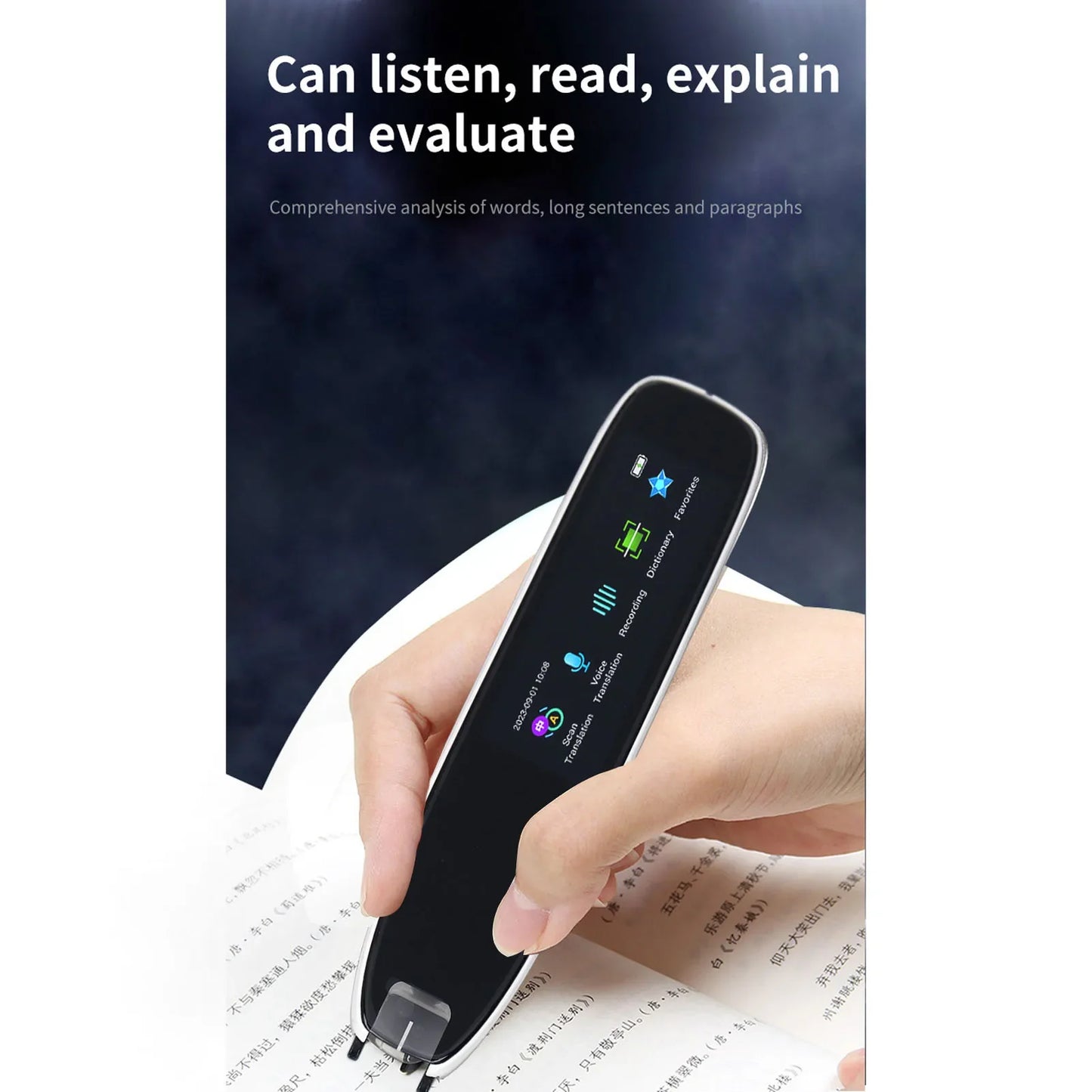Smart Voice Translator Reader Scanner Pen scanning Chinese text from a book, displaying translation and dictionary features on screen. Ideal for multilingual reading and learning.