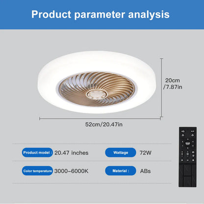Remote Control Smart Ceiling Fan with integrated LED lights and bladeless design for modern home cooling and lighting. Features wireless smart control.