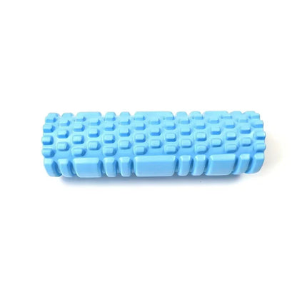Fitness Pilates Foam Roller in purple used for back massage during workout. EVA material roller ideal for yoga and muscle recovery exercises.