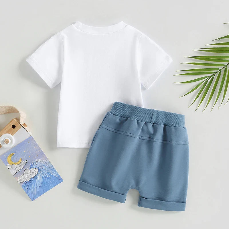 Cotton Short Sleeve Print T-shirts + Elastic Shorts set for toddlers featuring 'Mama's Boy' text and blue drawstring shorts. Ideal for 0-3 years.