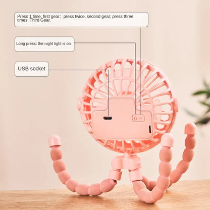 USB Rechargeable Handheld Electric Fan with flexible tripod legs and LED light, ideal for portable cooling on desks or travel use.